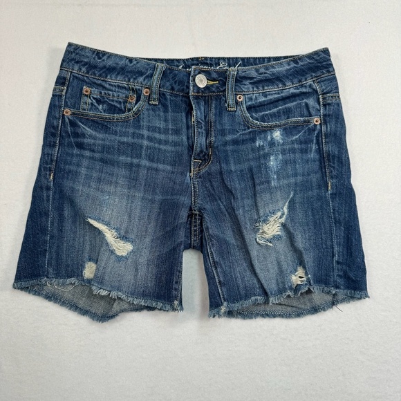American Eagle Cut Off Jean Shorts Womens Size 2 Mid Rise Dark Wash Distressed - Picture 1 of 10